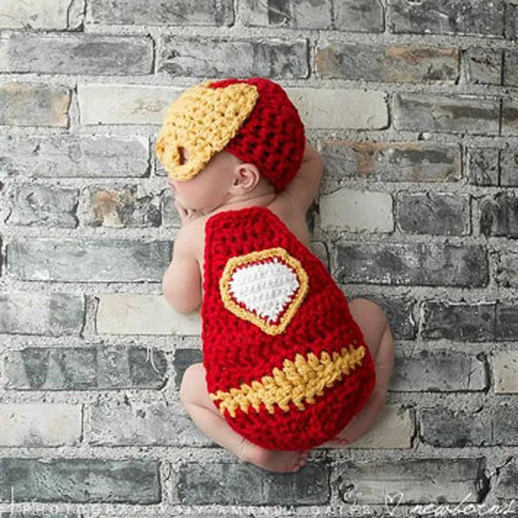 

2015 New Newborn Photography Props Knitting Crochet Iron Man Style Baby Hat Mask and Cloak Iron Man Outfit Infant Photo Costumes