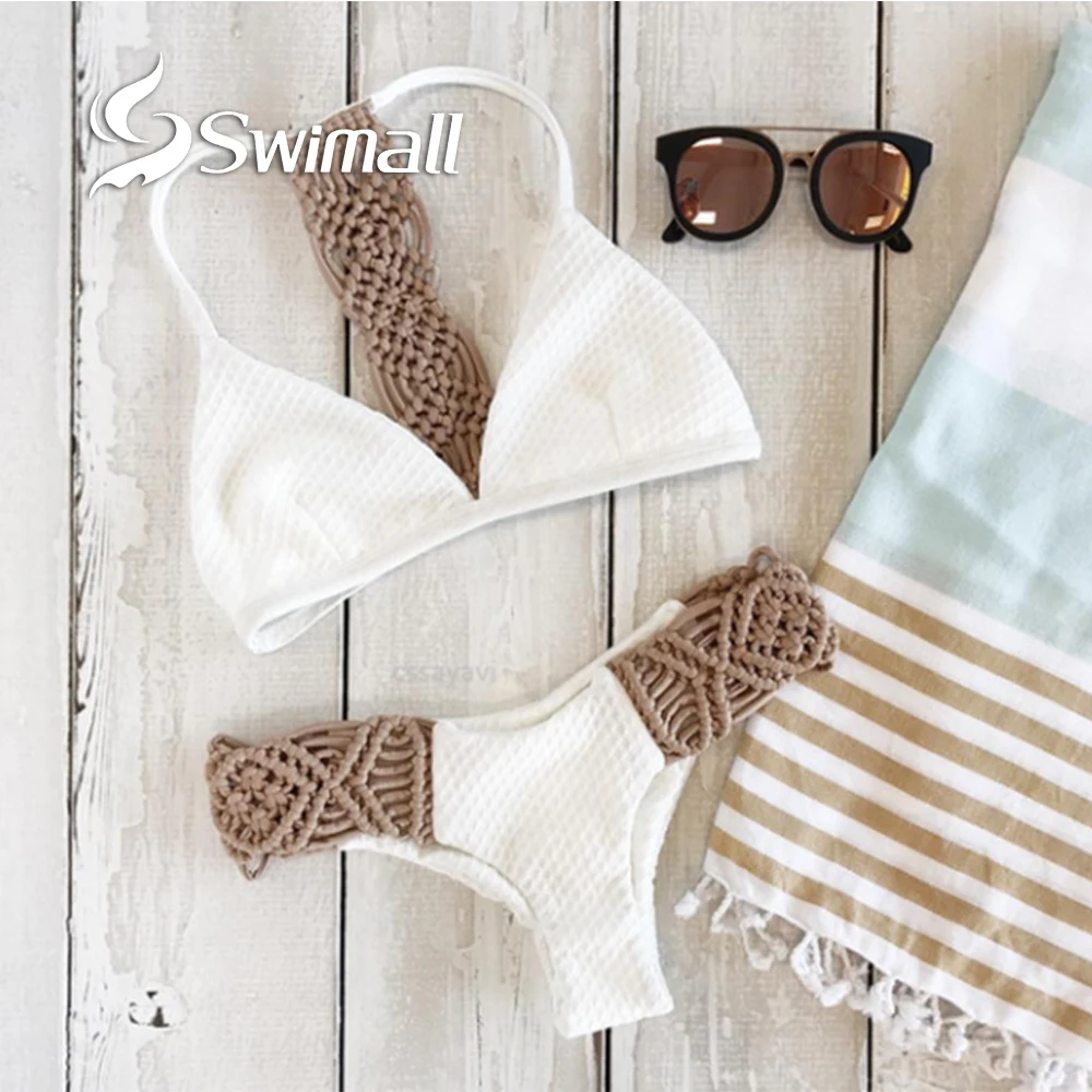

2019 Solid Bikini Set Push up Swimwear Women Bra New Summer weave Low waist Swimsuit Beach Suit Swimming Suit biquini Beachwear