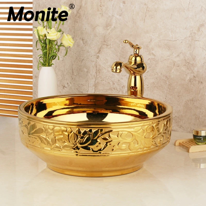 Monite Solid Brass Golden Luxury Ceramic Lavatory Bathroom Tap Washbasin Basin Sink Set Bath Combine Mixer Faucet Free Overflew