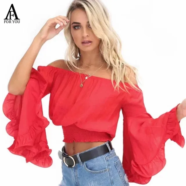 2017 women slash neck ruffle sleeve crop top blouse shirt