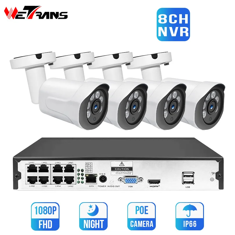 Wetrans POE Комплект охранной камеры CCTV 8CH 1080P NVR H.265 водонепроницаемый 2MP камера набор