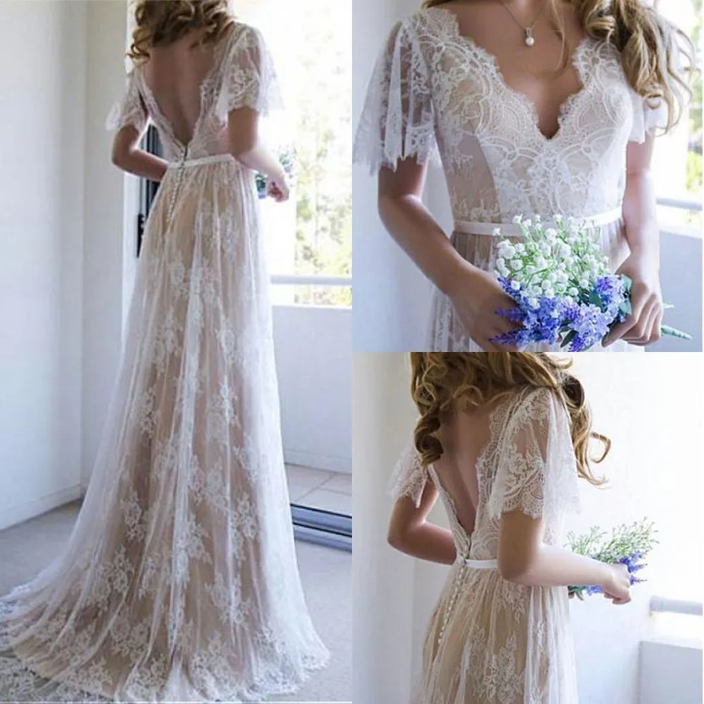 

Brilliant Tulle V-neck Wedding Dresses Champagne A-Line Custom Made Fairy Sleeve Sexy Back Bridal Dresses vestido de noiva