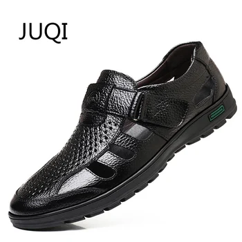 

JUQI Men'S Genuine Leather Sandals Shoe Men Summer Casual Fisherman Shoes For Leather Hollow Breathabl Moccasins Rubber Shoes