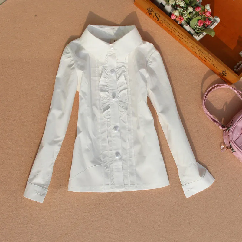 

2-15Y Children White Cotton Ruffles Long Sleeve Girls Tops And Blouses Teenage Shirt School Girl Blouse Tops Kids Clothes JW1123