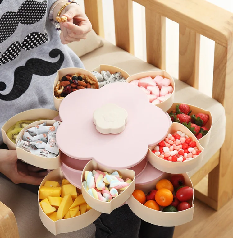 

Flower Shape Container Home Jewelry Fruit Storage Food Wedding Organizer Plate Snack Candy Box Party Double-deck Rotary