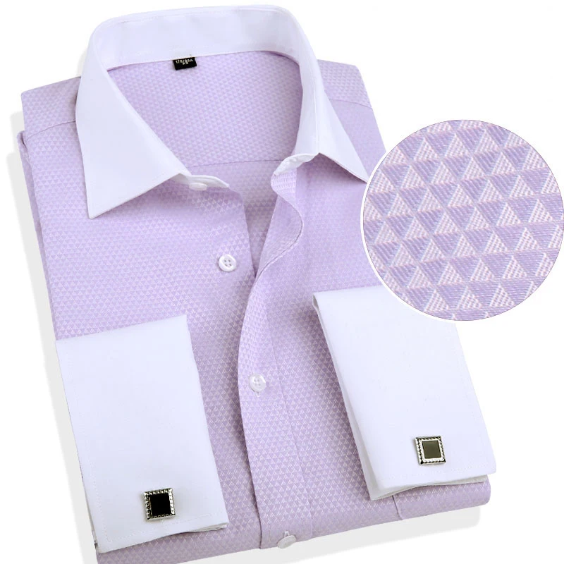 French Cuff Mens Formal Business Dress Shirt Long Sleeve Solid Twill Men Party Wedding Tuxedo Shirts with Cufflinks Chest Pocket