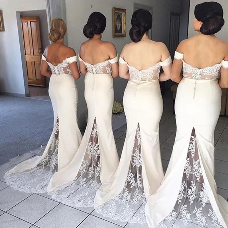 Sexy Cream Long With Train Mermaid Formal Bridesmaid Dresses 2016 Lace