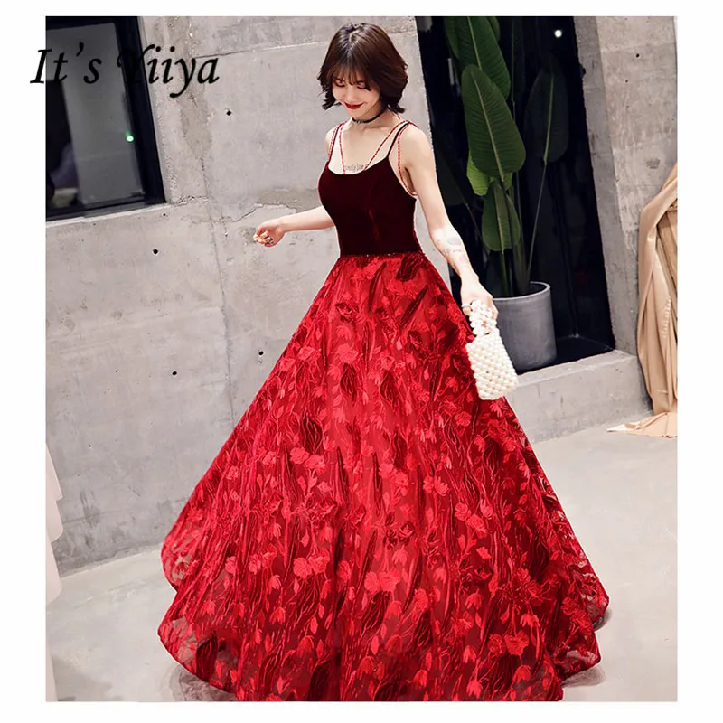 

It's YiiYa Evening Dress 2019 Spaghetti Strap V-neck Long Women Party Dress Splicing Floral Lace Robe de Soiree Plus Size E494