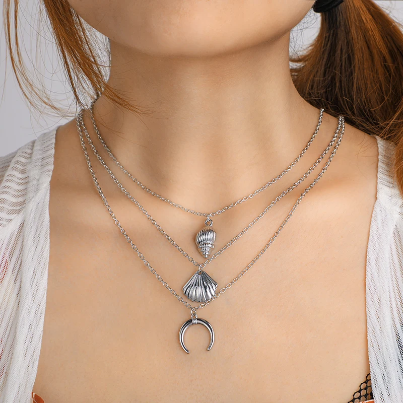 

HuaTang Boho Antique Gold Silver Conch Scallop Pendant Necklaces for Women Multi Layer Alloy Necklace Jewelry Collar C12504