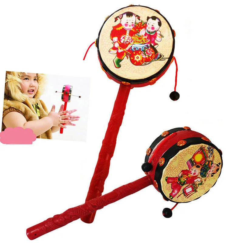 Baby Kids Cartoon Hand Bell Toy Wooden Rattle Drum Musical Instrument