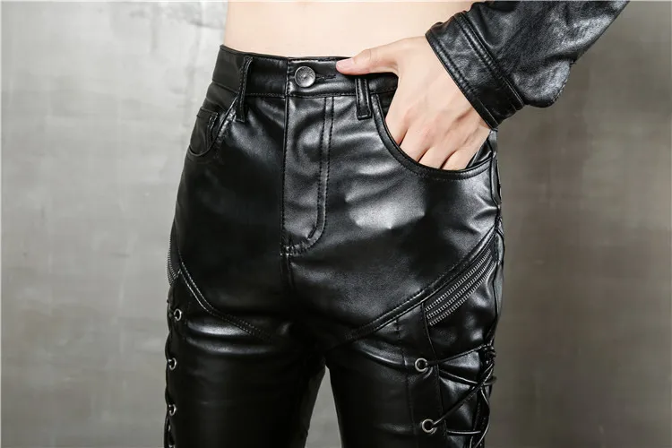 New Fashion Personality 2018 Men Pu Faux Leather Skinny Pants Motorcycles Appliqued Leather Trousers For Male Size 29-36 (5)