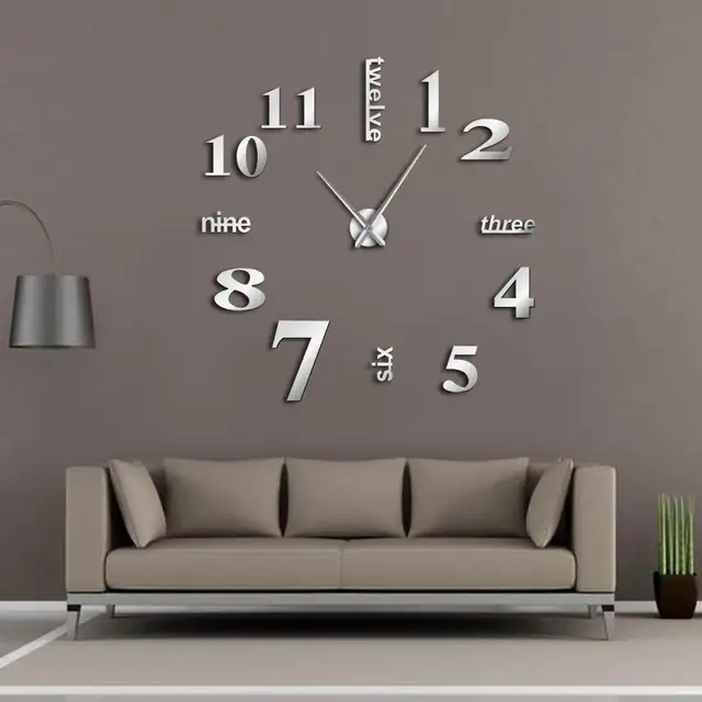 modern diy mute large wall clock home decor office 3d mirror surface