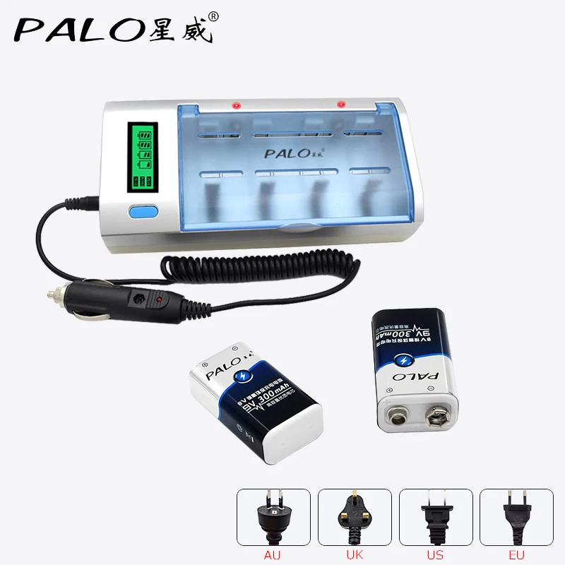 

PALO LCD Display Smart Screen Battery Charger For Ni-MH NI-CD AA/AAA/SC/C/D/9V Batteries+2pcs 9V NI-MH Rechargeable batteries
