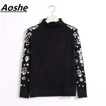 

Aoshe Pullover Handmade Beading Winter Turtleneck Sweater for Women 2018 Fashion Design Long Sleeve Black Knit Jumper Top