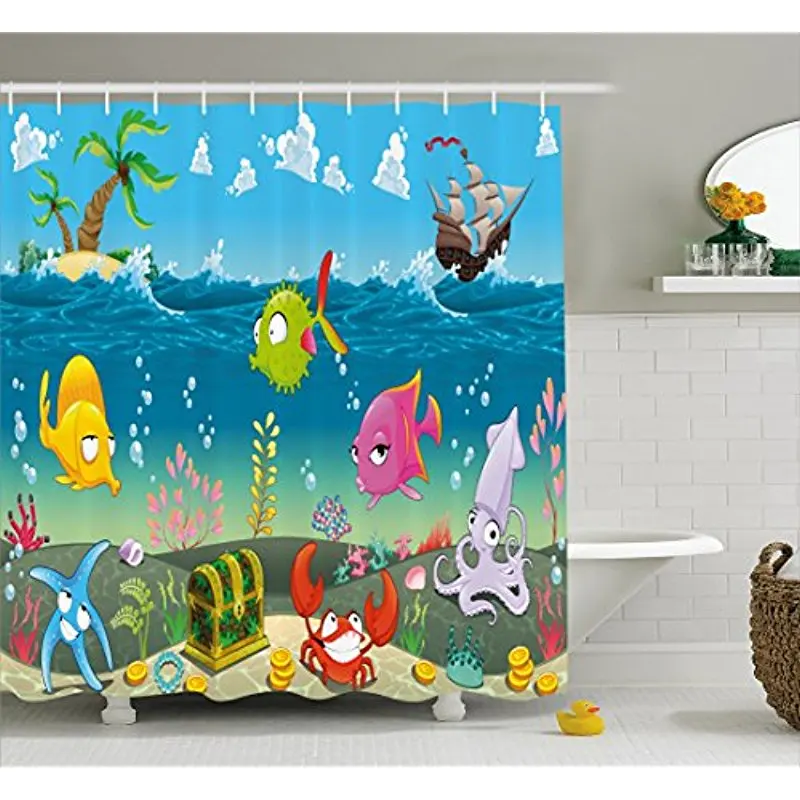 Vixm детская занавеска для душа забавные морские животные подводный вид на океан с парусом лодки пальмы мультфильм произведение искусства ткань для ванной занавески s