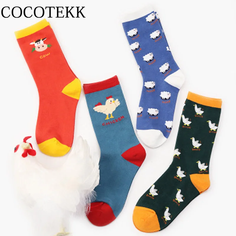 

Новые милые жаккардовые носки COCOTEKK с рисунком животных, женские милые хлопковые повседневные Мягкие носки, новый дизайн, узор гусиная корова цыпленок овец