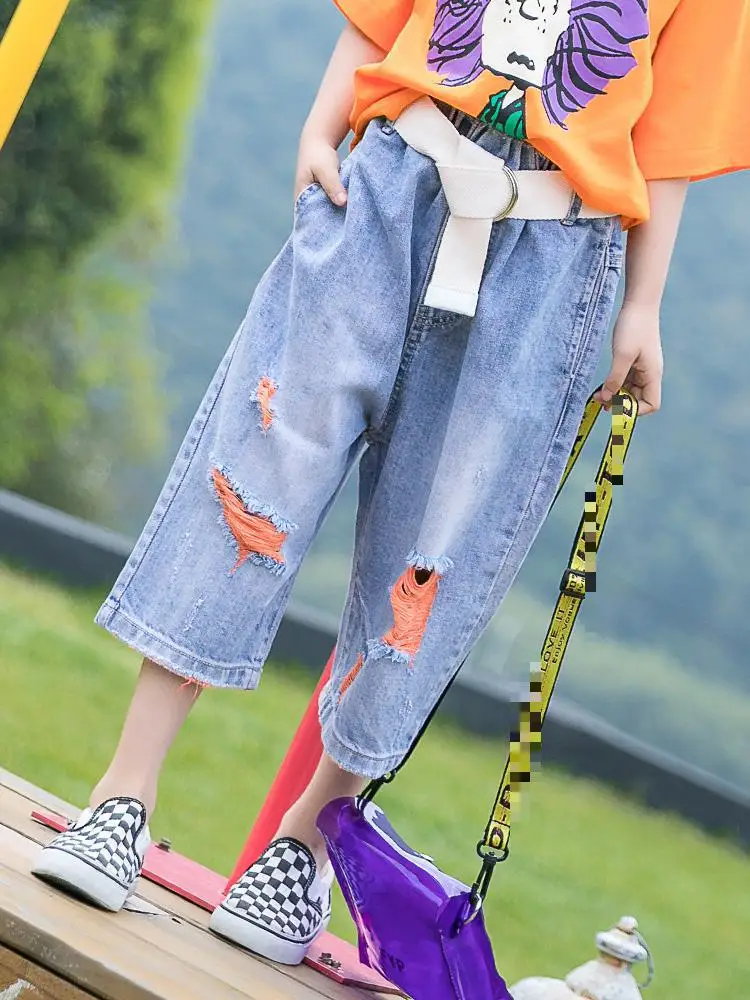 

2019 Ripped Jeans For Girls Kids Teens Clothes Wide Leg Loose Denim Pant Teenagers Baby Girl Clothes 7 8 9 10 12 Jeansy Dziecko