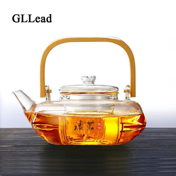 

GLLead Fashion 800ml Heat Resistant Glass Tea Pot Flower Tea Set Puer Kettle Creative Bamboo Handle Glass Teapots With Infuser