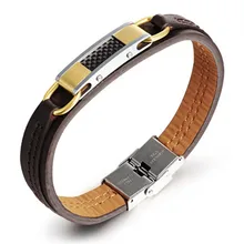 New Fashion Jewelry Rock Style Stainless Steel Gold color Genuine PU font b Leather b font