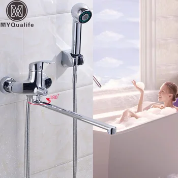

Classic Bathroom Tub Faucets 395mm Long Water Outlet Tube Wall Mounted 180 Rotate Bathtub Mixers with Hand Shower / Bracket