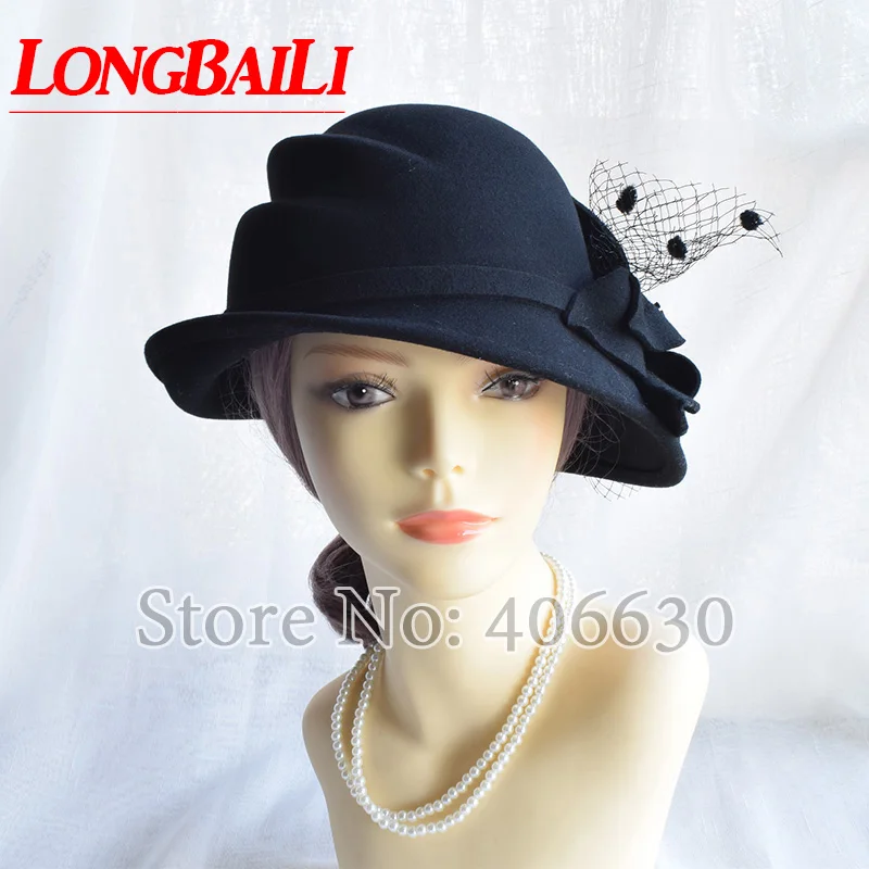 

LongBaiLi Winter New Fashion Floral Black Wool Felt Bucket Hats Women Chapeau Fedoras Free Shipping SADW007
