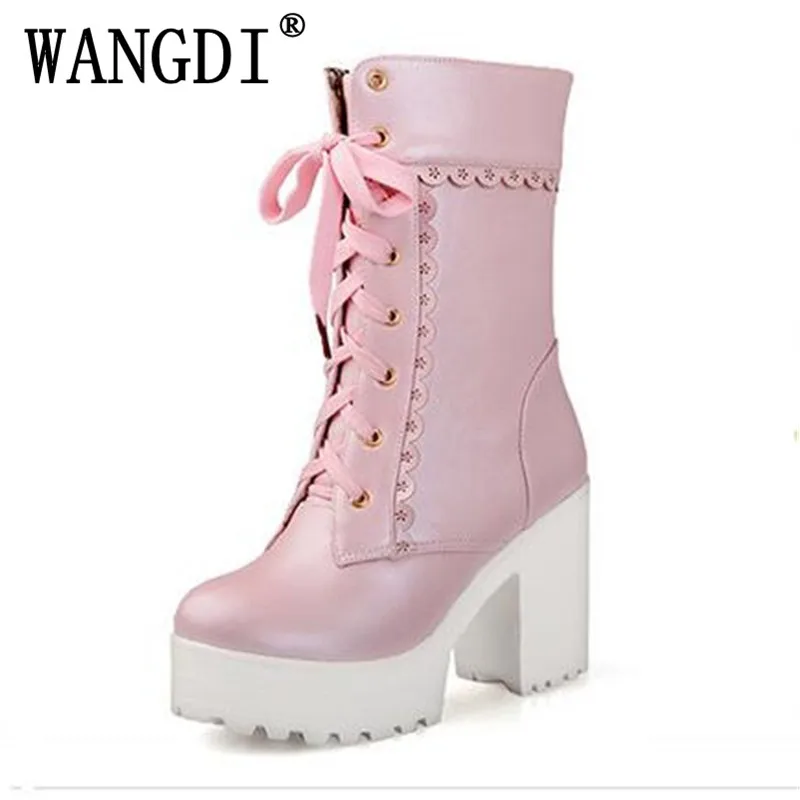 

Lolita pink black white lace up tied high heel student shoes sweet lady cosplay platform chunky block mid calf short boots