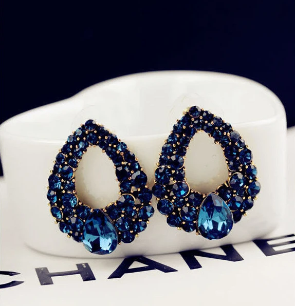 

ED405 Hot Sale Women's Luxury Temperament Blue Crystal Waterdrop Stud Earrings Eardrops