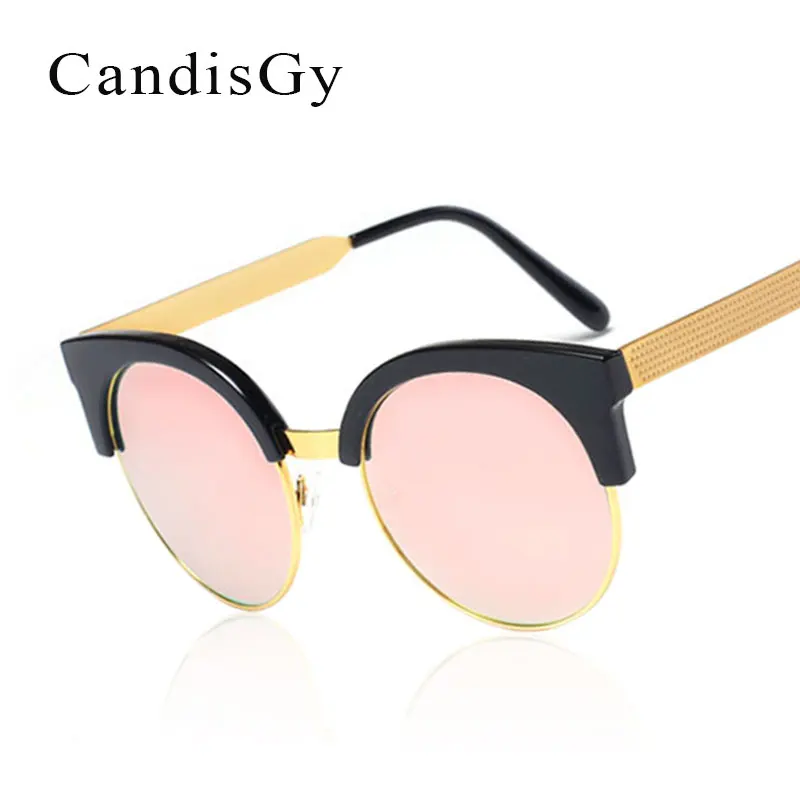 С плоскими стеклами и половинной рамкой круглый Для женщин солнцезащитные очки модные Брендовая Дизайнерская обувь UV400 Розовая леди