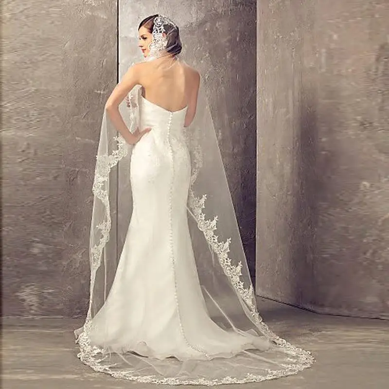 Koop Veu de noiva longo Kant Applicaties Een Lagen 2.7 M Lange Veils Wedding Veils 2019 Met Kam Bruiloft Accessoires Bridal veils