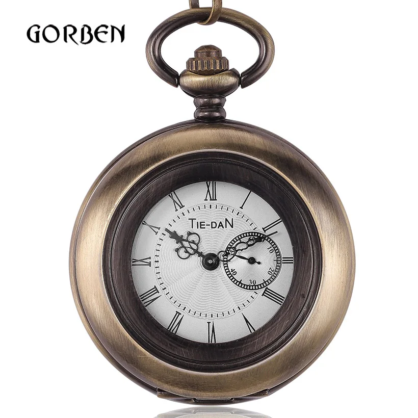 Antique Bronze Quartz Pocket fob Watches Chain Retro Round Hollow Vintage Mens Pocket Watch