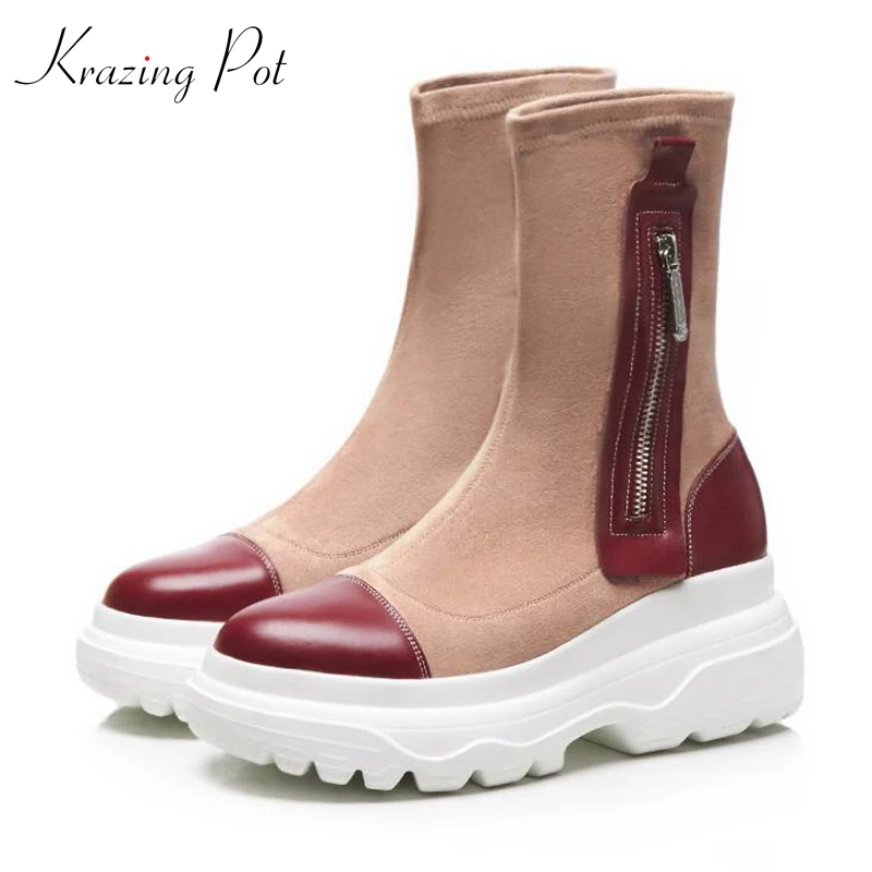 

Krazing Pot 2019 recommend genuine leather stretch boots round toe wedges leisure soles zipper handsome cool mid-calf boots L32