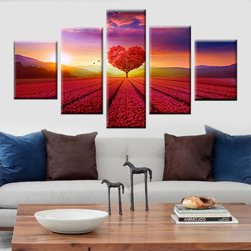 

Red Heart Tree Sunrise Sea Flower Landscape Canvas Living Room Bedroom Wall Artist Decoration Modern Nordic Poster 5 Panel