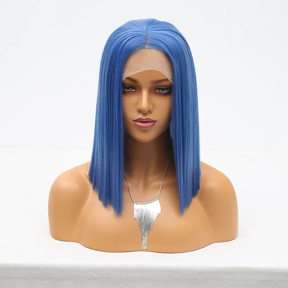 

Imeya 12Inch Straight Short Bob Blue Hair Color Synthetic Lace Front Wigs Heat Resistant Fiber For Women 150% Density