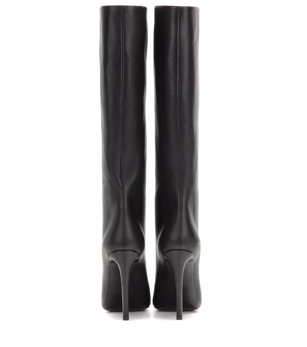 black knee high boots slip on high heel Pointed toe (4)