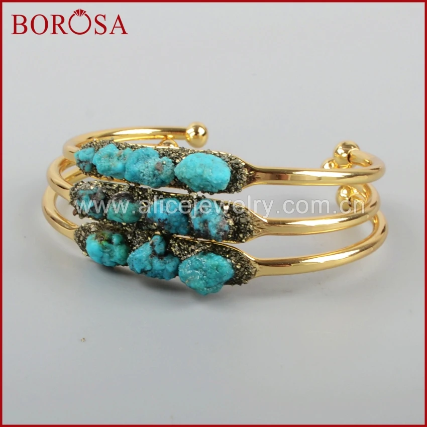 

BOROSA Bangles Gold Color Bracelet Brass Freeform 100% Natural Blue Stone Druzy Pyrite Chips Bangle G1191