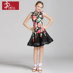 Дети без рукавов Латинской Танцы платье фантазийным принтом Одежда для латинского танца блестящие современное бальное обычаи танец для