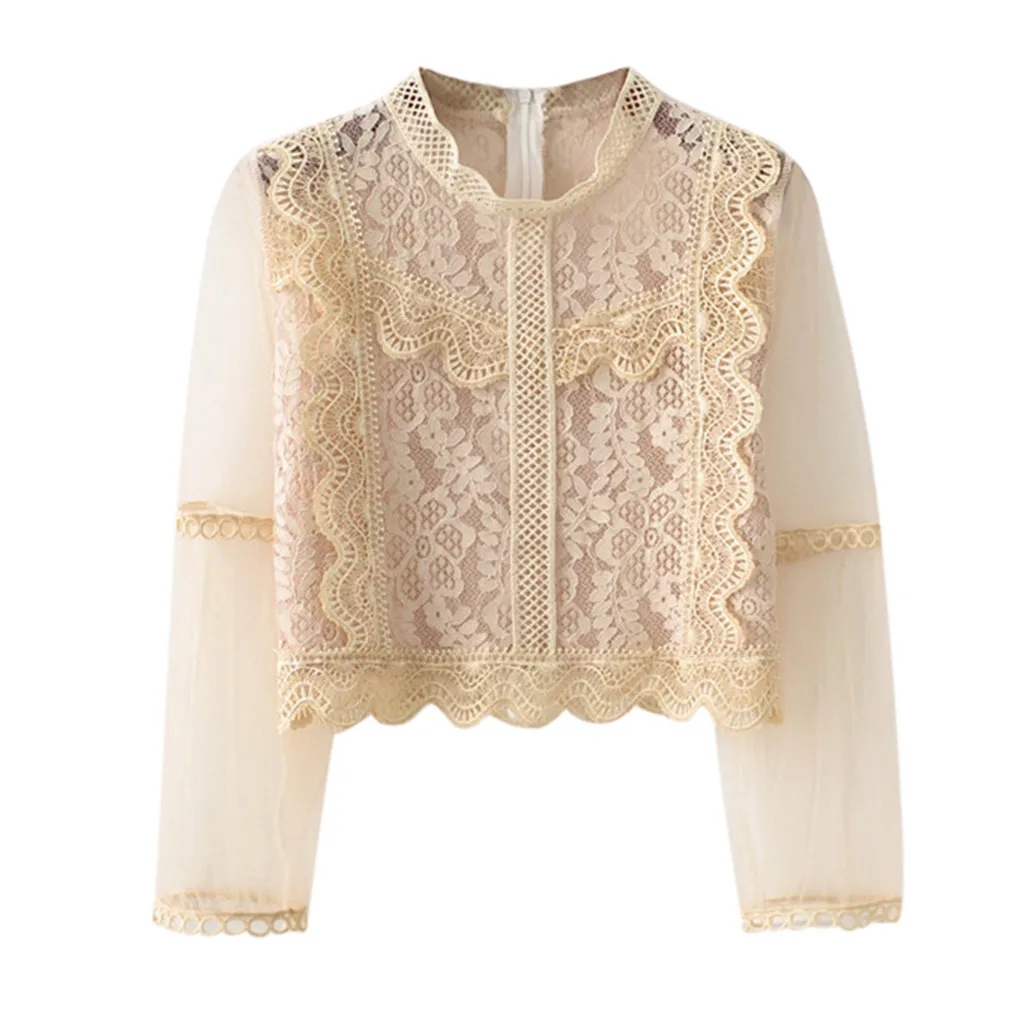 Lace Tops 2019 Women Summer Sexy Lace Floral Long Sleeve See Through Short Top Blouse