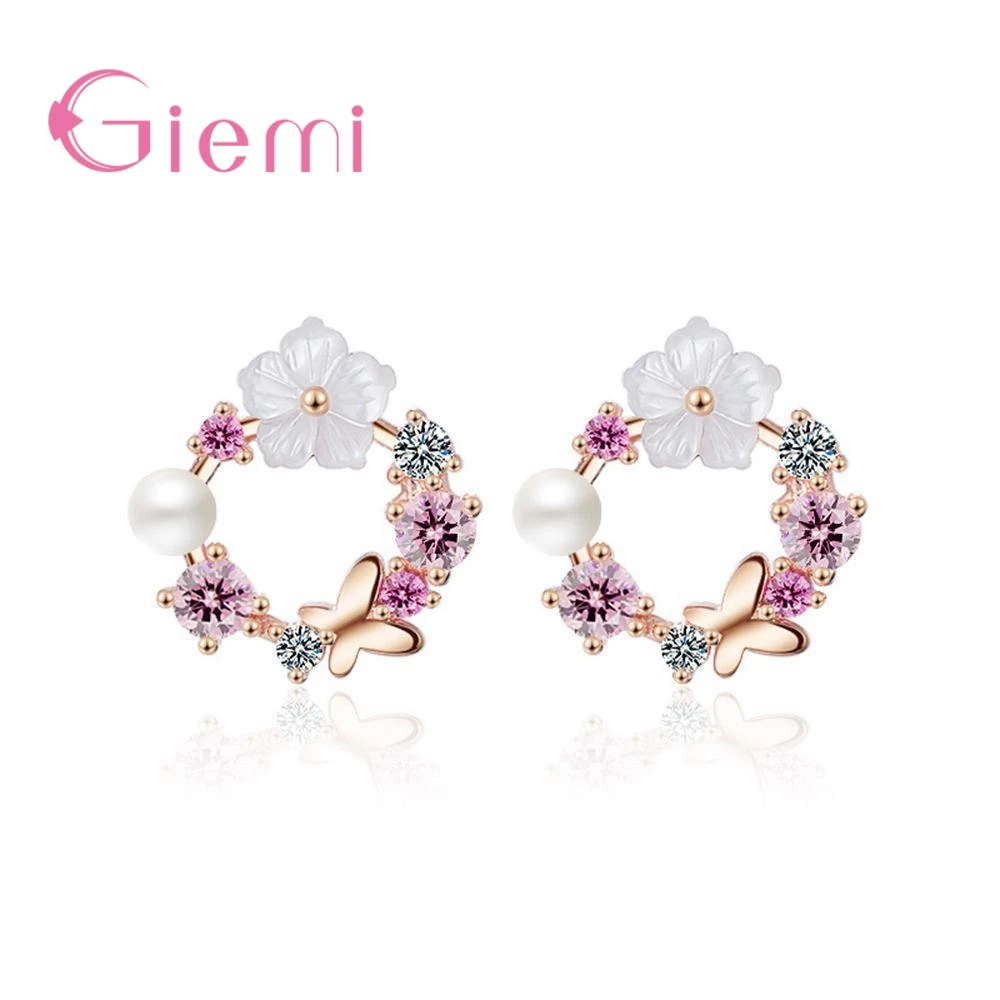

Round Shaped Flower Stud Earrings for Women New Fashion AAA+ CZ 925 Sterling Silver Brincos Christmas Jewelry