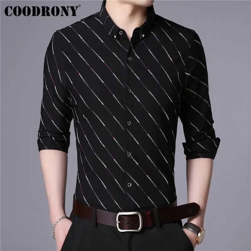 COODRONY, мужская рубашка, осень, Новое поступление, полосатая, длинный рукав, хлопок, рубашка, мужская, деловая, повседневная, рубашки, Camisa Masculina, одежда 96029