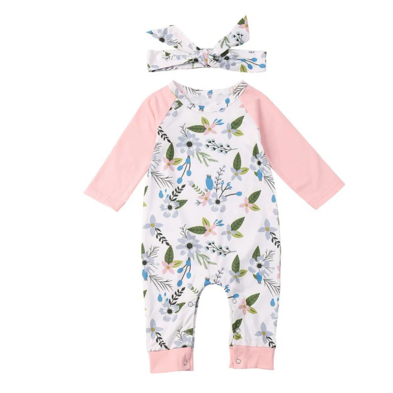 

New Print Long Sleeve Baby Rompers+ Baby Bow Print Hair Accessories Set Newborn Autumn Baby Rompers Girls Jumpsuits