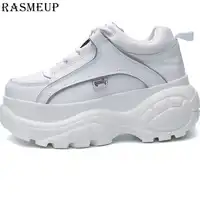 RASMEUP Women Genuine Leather Chunky Heels Sneakers 2019 High-top Increasing Women Thick Soled Boots Fashion Woman Shoes