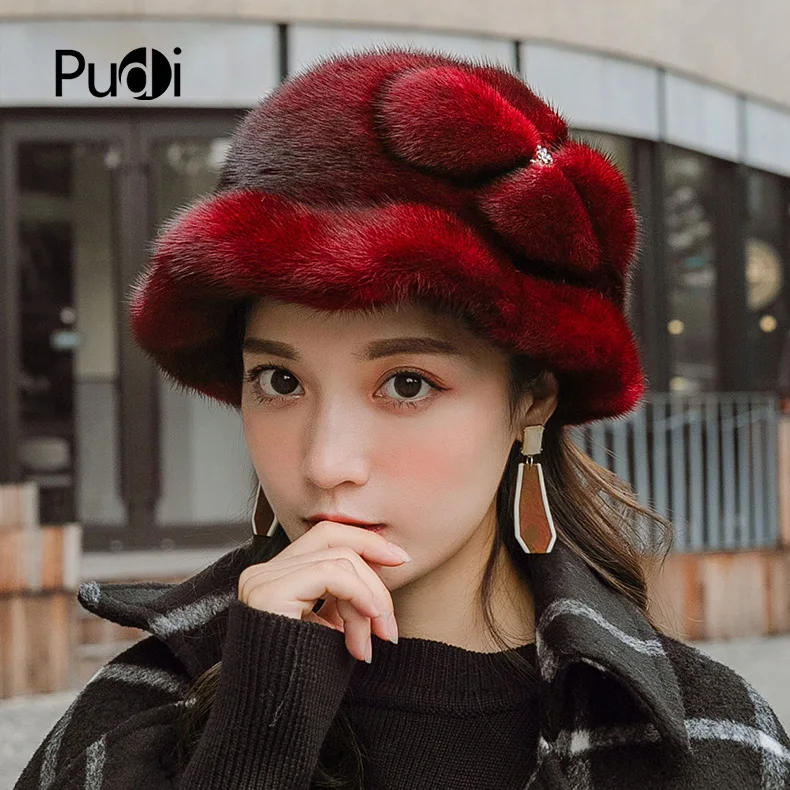 Pudi HF808 женская Норковая меховая шапка для девочек из натурального меха норки модная повседневная демисезонная шапка 6 цветов норковая шапка с цветком