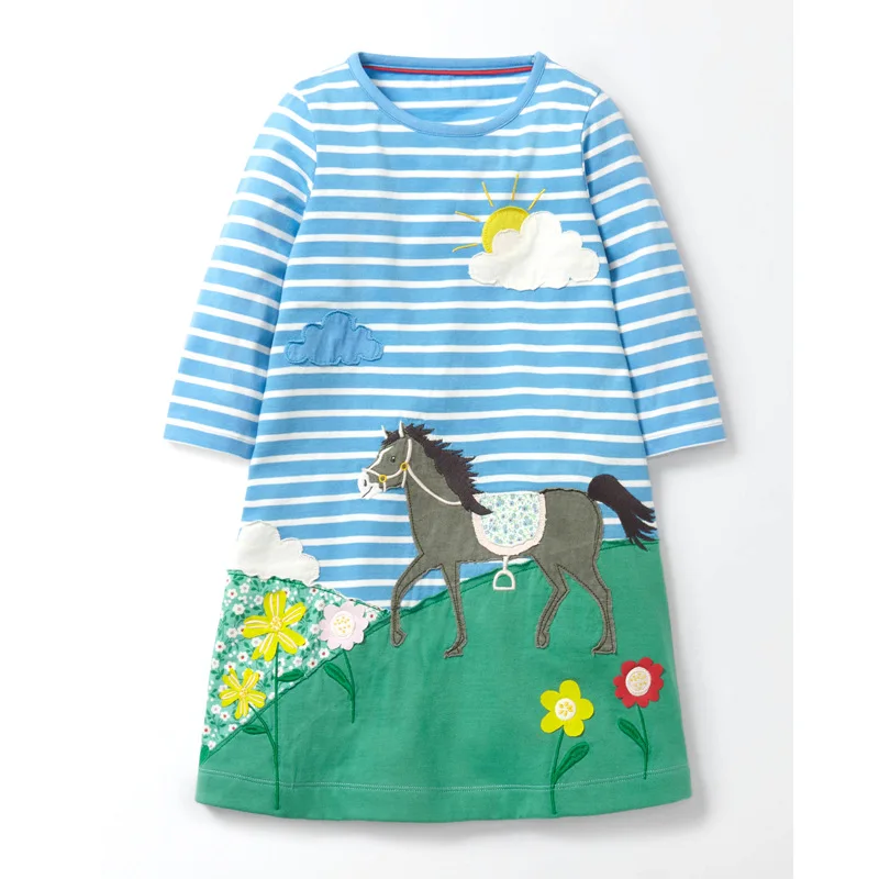 

Girl in dress 2017 new autumn girl clothes striped cartoon horse pattern girl in dress 2-7y princess dress for girl