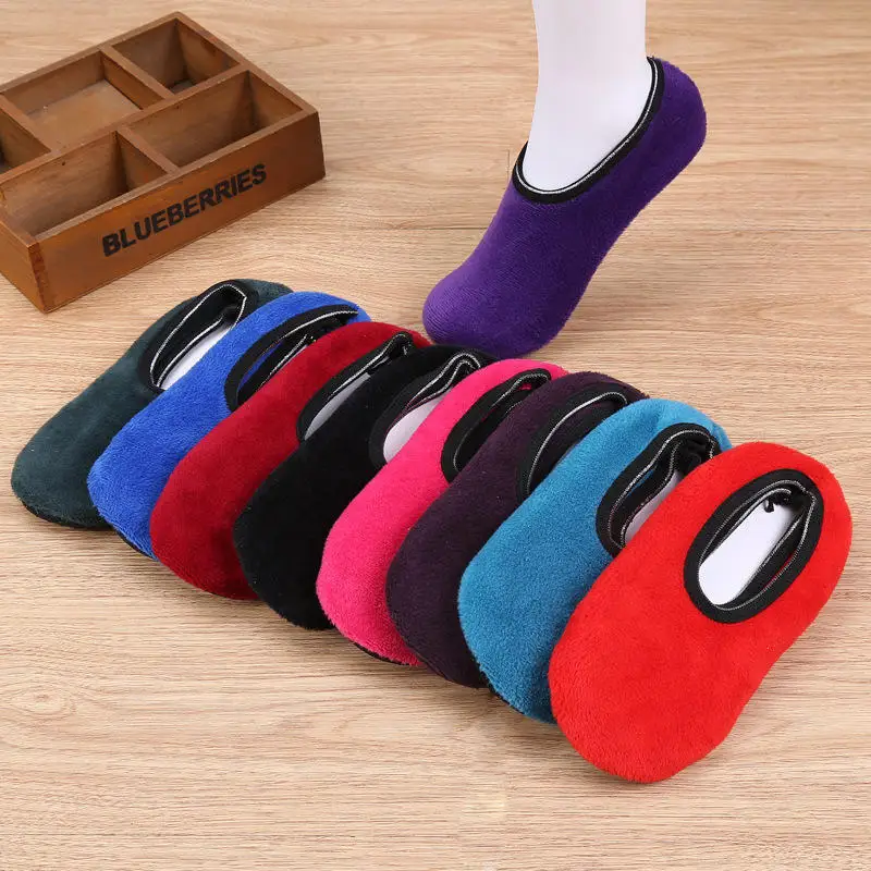 MINHIN 1Pair Women Socks Winter Floor Socks Velvet Indoor Short Anti-skid Boat Socks Solid Color Warm Sock Slippers