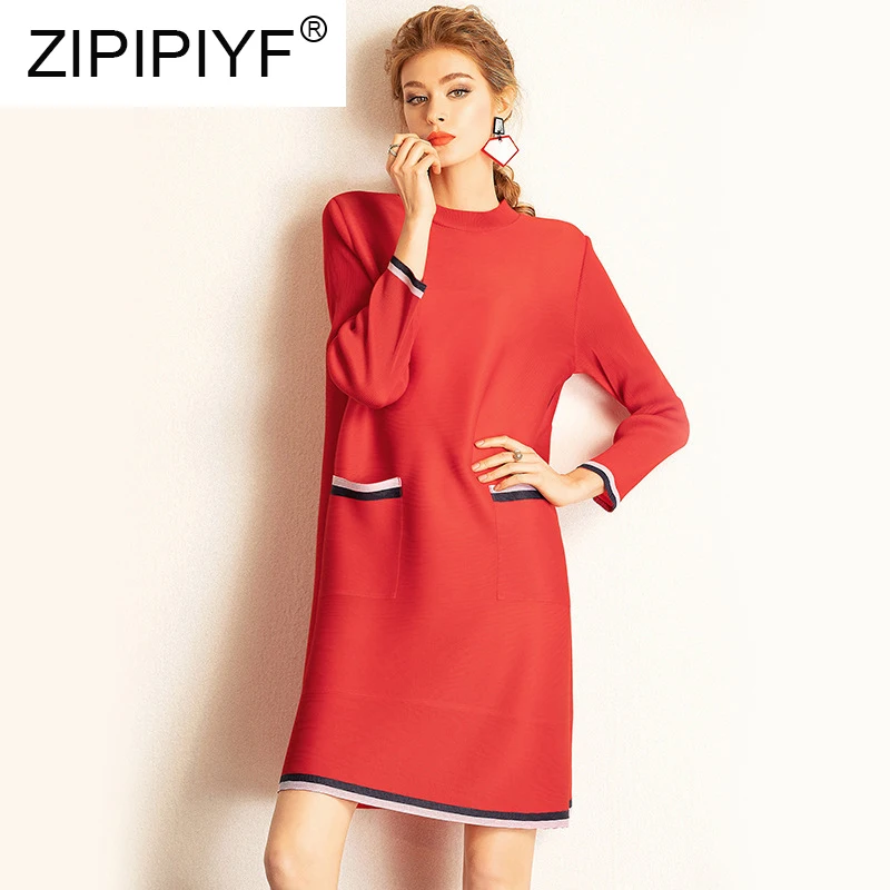

Free Size Fashion Female Casual Wear Pocket Design Elegant OL Long Sleeves O-Neck Dress Elegant Women Loose Dress C1800