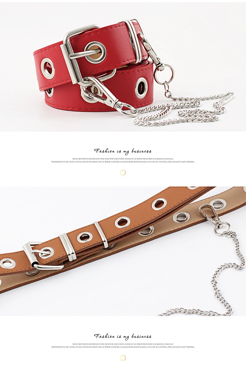 Women Punk metal chain PU leather Fashion Belt Adjustable Single Eyelet Grommet Leather Buckle Belt Multicolor selection