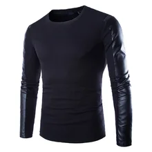 Men Leather Sweatshirt Black Long Sleeve Pullover PU Patchwork Leather Slim Fitness Compression Shirt Men Pullover