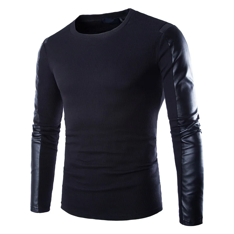 Mens Leather Sweatshirt Black Long Sleeve Pullover PU Patchwork Leather Wear Fitness Compression 