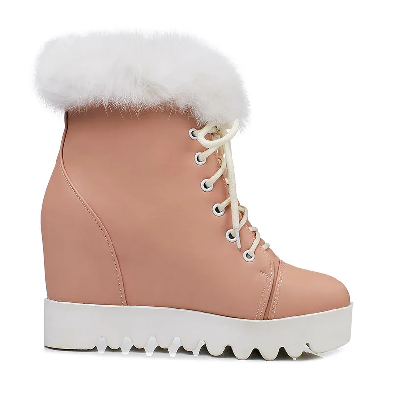 YMECHIC/белые, розовые ботинки на платформе с мехом и бахромой; женские ботинки на шнуровке, визуально увеличивающие рост; женская обувь; зимние ботинки в байкерском стиле