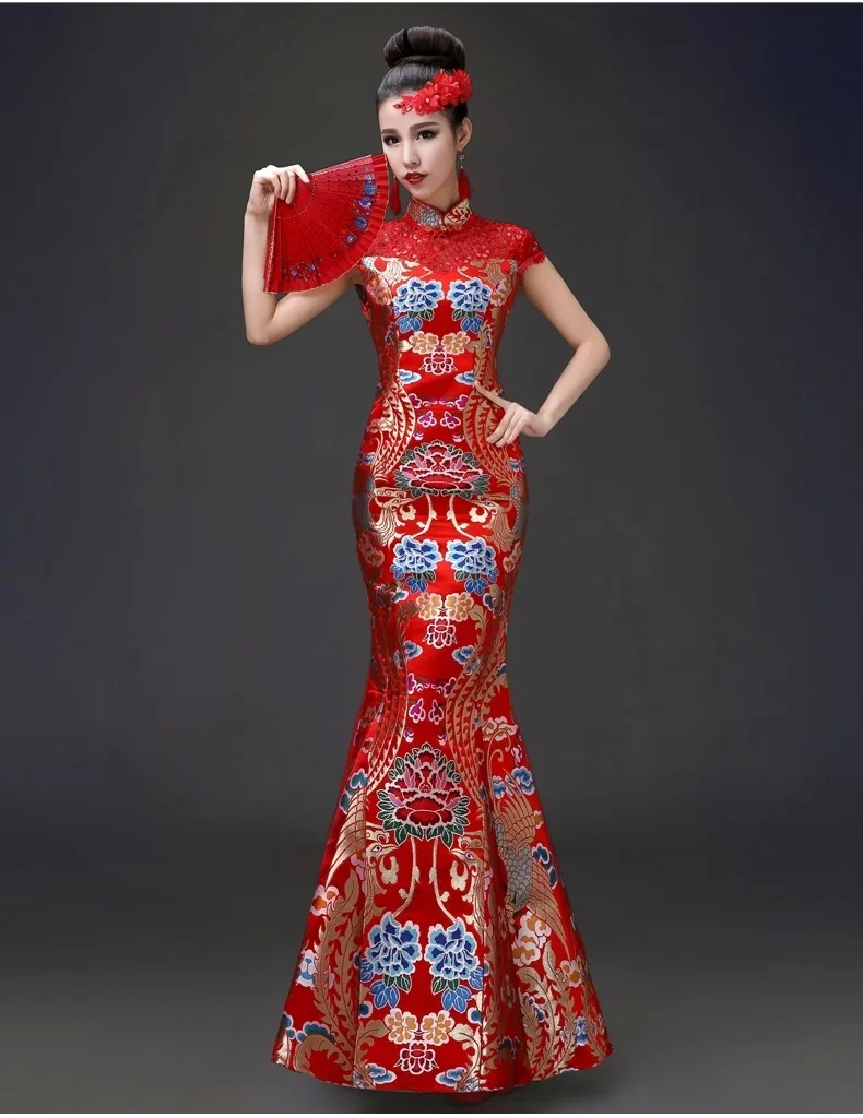 Китайский вечерние платья Cheongsam красный полые спинки Атлас дракон феникс Ципао вечернее Лето рыбий хвост длинное свадебное платье